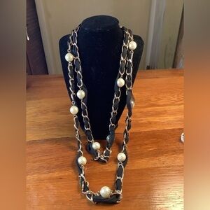 Long pearl black cloth gold tone necklace 28”